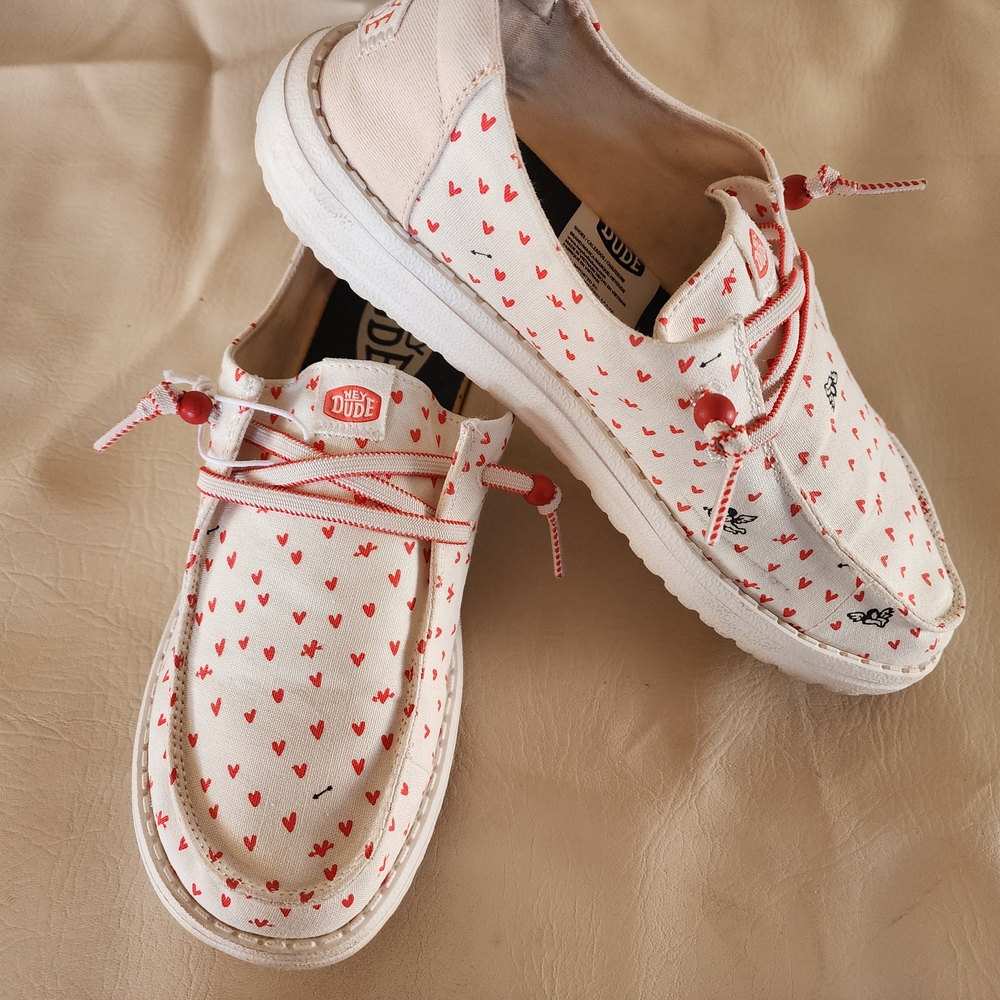 Hey Dude Women's White Sneakers with Red Heart Print